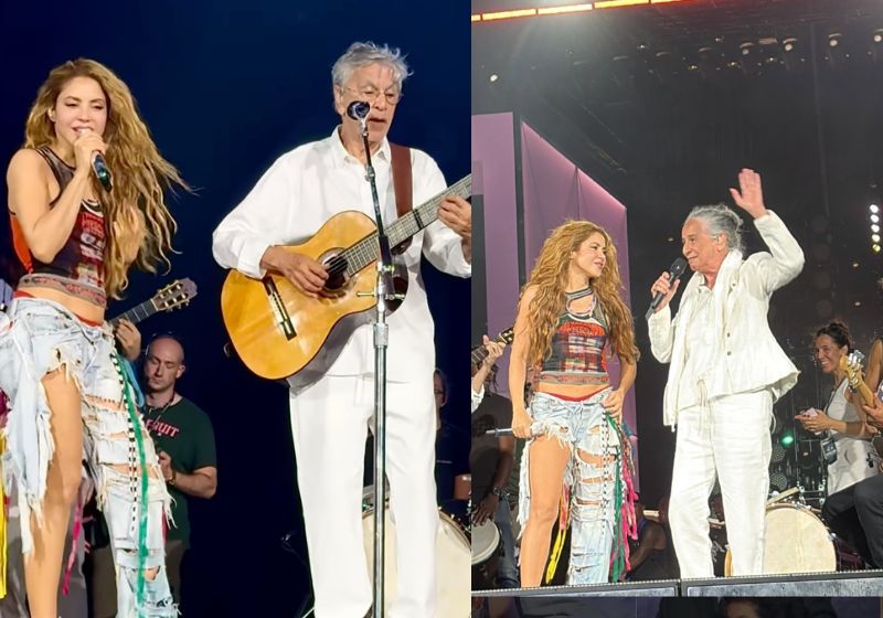 Imagens dos ensaios de Shakira no Rio, feitos ontem à noite, mostram a colombiana cantando com Caetano e Bethânia no palco de Copacabana. - Fotos: reprodução / Instagram