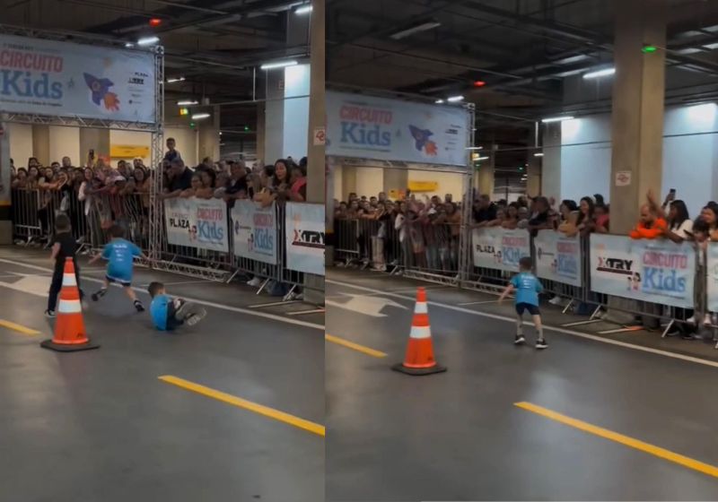 Apesar da queda, o Henrique, menino com paralisia cerebral, se levantou e completou sua primeira corrida em São Bernardo do Campo (SP). - Fotos: reprodução/ Instagram / @henriquerobertesb