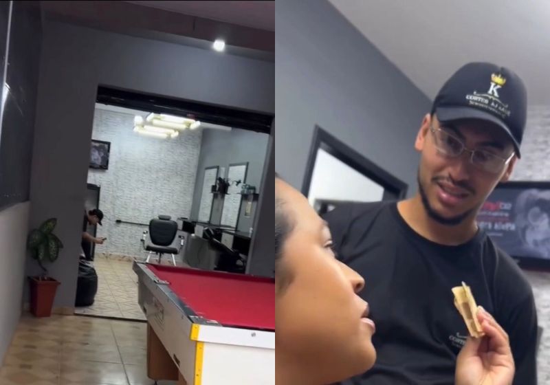 O vídeo mostra que ninguém foi na inauguração da barbearia do Kauê no Paraná. Ele foi gravado pela mulher dele, Sâmela, e viralizou nas redes. - Fotos: reprodução/ Instagram / @kauewutke