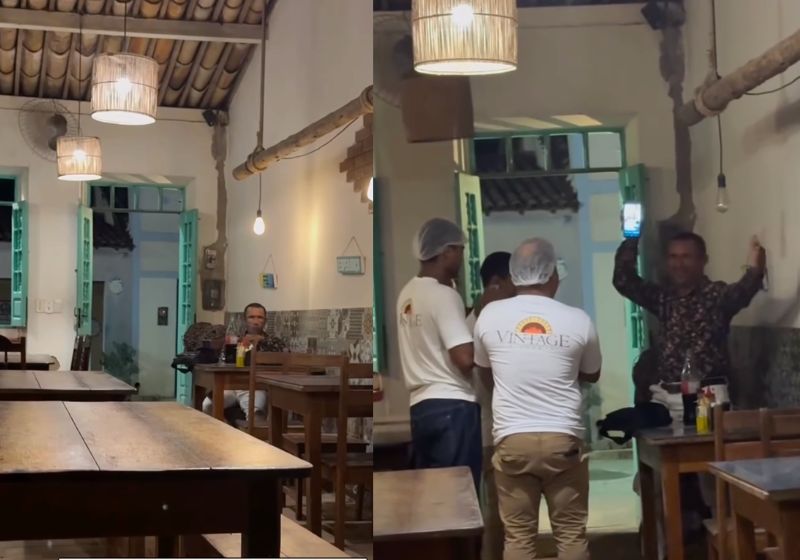 O cliente da pizzaria fazia uma live e cantava “parabéns” em voz baixa, sozinho, quando foi surpreendido pela gentileza dos funcionários em Porto das Pedras (AL). - Fotos: reprodução/ Instagram / @vintagepizzaria