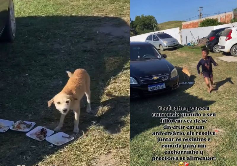 Leozinho é o nome do menino que levou comida para um cachorro magrinho que apareceu no estacionamento da festa onde foi com a mãe no Rio. - Fotos: reprodução/ Instagram/ @euflaviamarcelino