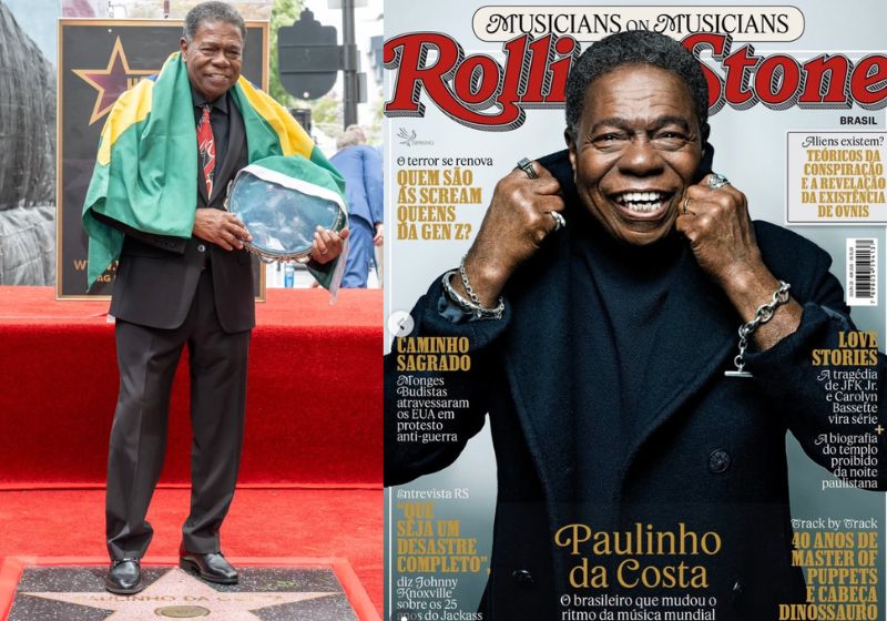 Paulinho da Costa é o primeiro brasileiro a receber uma estrela na Calçada da Fama. Ele agradeceu com discurso em português. - Fotos: reprodução/ Instagram/ @dacostapaulinho