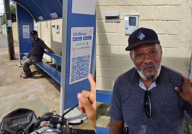 O Caio encontrou o seu Nelson numa parada de ônibus de Goiânia. O ex-aluno viu o ex-professor triste, sentado, e mudou o dia dele. - Fotos: reprodução/ Portal6/Tiktok