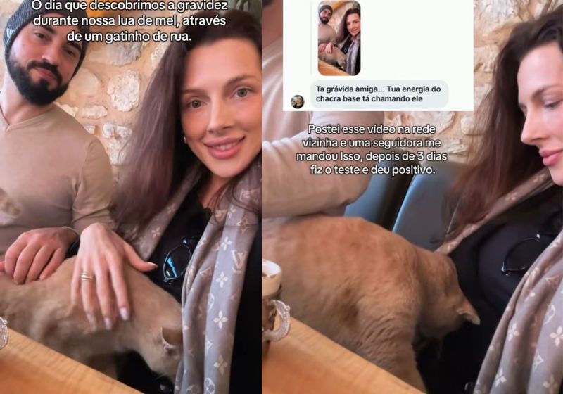 Esse gatinho pula no colo, começa a amassar pãozinho e avisa sobre a gravidez A brasileira Cris que estava em lua de mel na Turquia. - Fotos: repropdução/ Tiktok @crisfiorentinn @myhoodbr