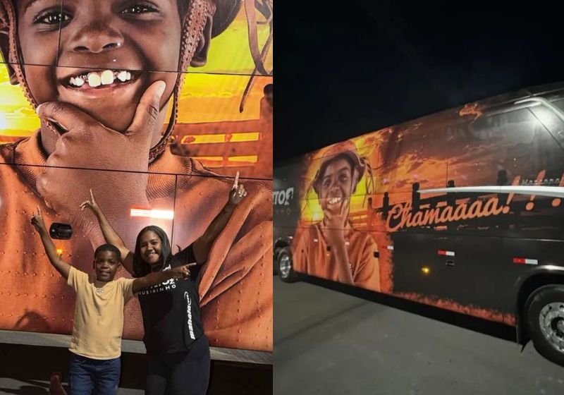 O pequeno grande cantor Ruan Vitor ficou muito emocionado ao ganhar o 1º ônibus personalizado com a foto dele para a turnê de São João. - Fotos: reprodução/ Instagram