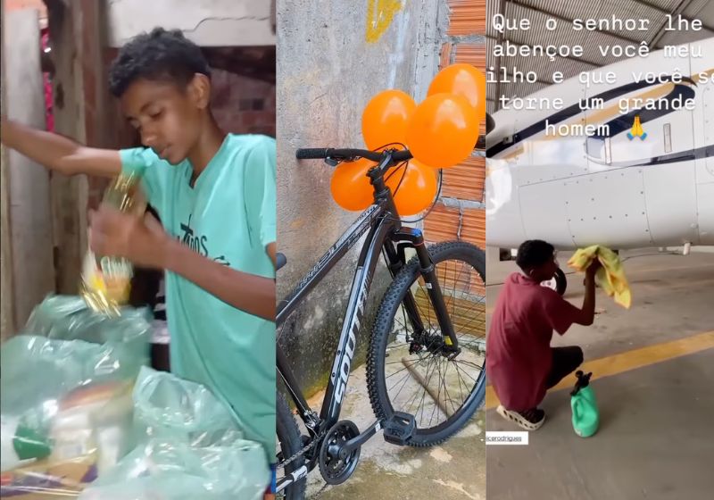 Ytauan é o nome do garoto do Maranhão que recebeu o 1º salário e comprou comida para a mãe. Comovidos, empresários deram uma bike e um emprego a ele. Fotos: reprodução/ Instagram / @soaresgilvanicerodrigues