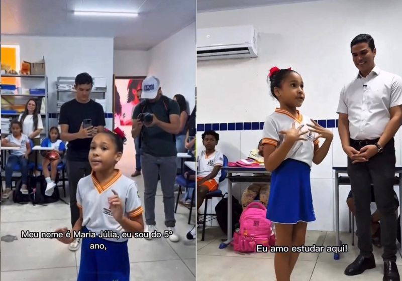 A Ana Júlia deu um banho de inglês aos apresentar a adultos a 1ª escola bilíngue gratuita do Norte e Nordeste onde ela estuda nas Alagoas. - Fotos: reprodução/ Instagram / @marcofireman_