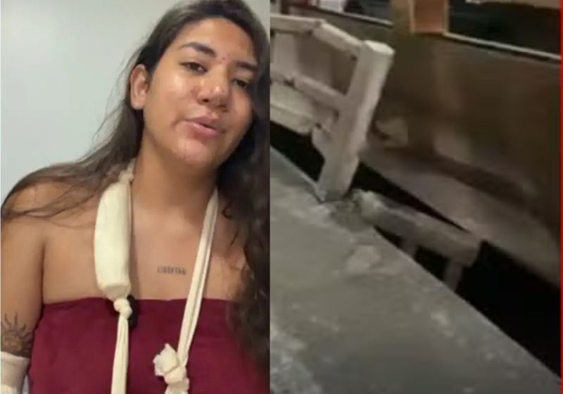 A Laryssa, a mulher de 24 anos que bateu no carro da frente, desceu para ver o estrago e caiu no buraco de uma ponte, em Cuiabá (MS). - Fotos: Reprodução/ TV Centro América - Fotos: Reprodução/ TV Centro América