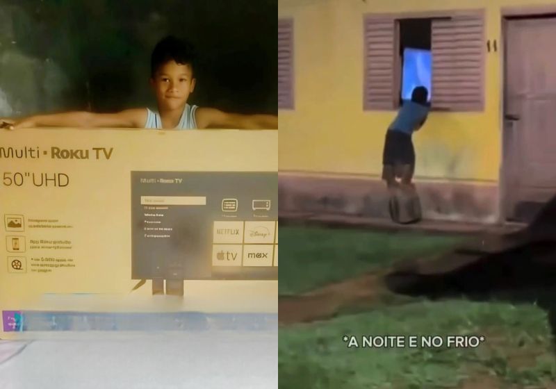 O vídeo do Mael, o menino que assistia tv pela janela da vizinha, viralizou e ele ganhou uma tv nova, um celular e internet grátis por 1 ano, no CE. - Fotos: reprodução/ Instagram/ @ubarajaordinario