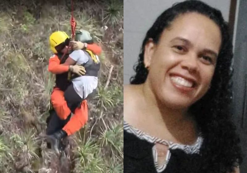 Ana Cláudia, a mulher que foi empurrada num penhasco pelo ex-companheiro foi resgatada de helicóptero e o homem foi preso em MG.- Fotos: reprodução/ PMMG/ TV Globo