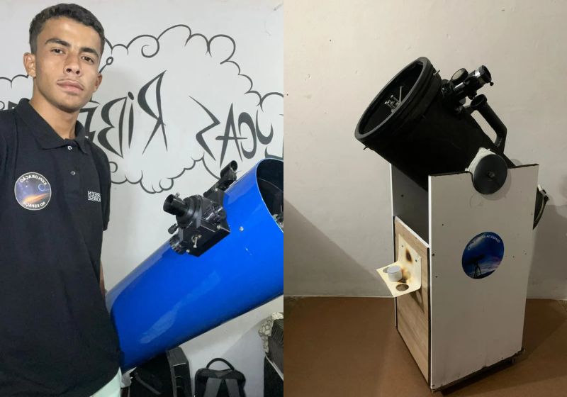 Depois do telescópio feito com balde e espelho, o estudante Lucas ganhou peças nas redes sociais e construiu outros.- Foto: Arquivo/Lucas Gabriel
