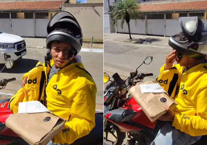 O motoboy ficou surpreso ao receber a marmita durante uma entrega. - Foto: redes sociais