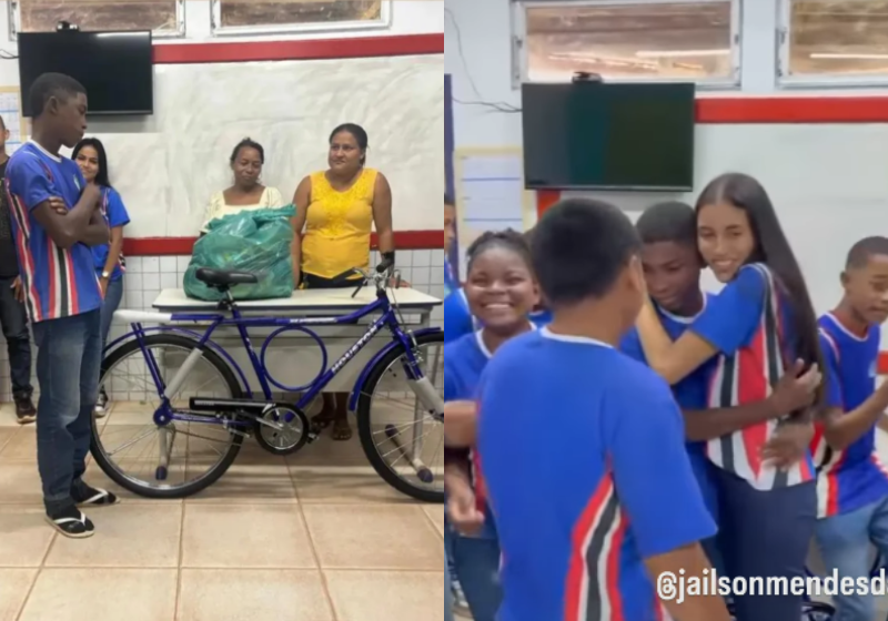 A professora começou uma vaquinha para dar uma bicicleta para o aluno e o resultado foi llindo. - Foto: redes sociais