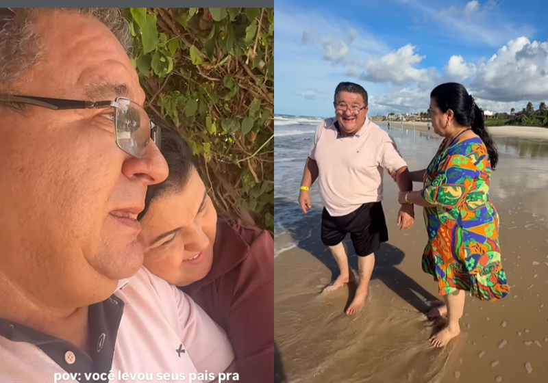 A filha levou o pai em uma viagem de férias inesquecível, com direito a ver o mar pela primeira vez. Foi emocionante - Foto: redes sociais