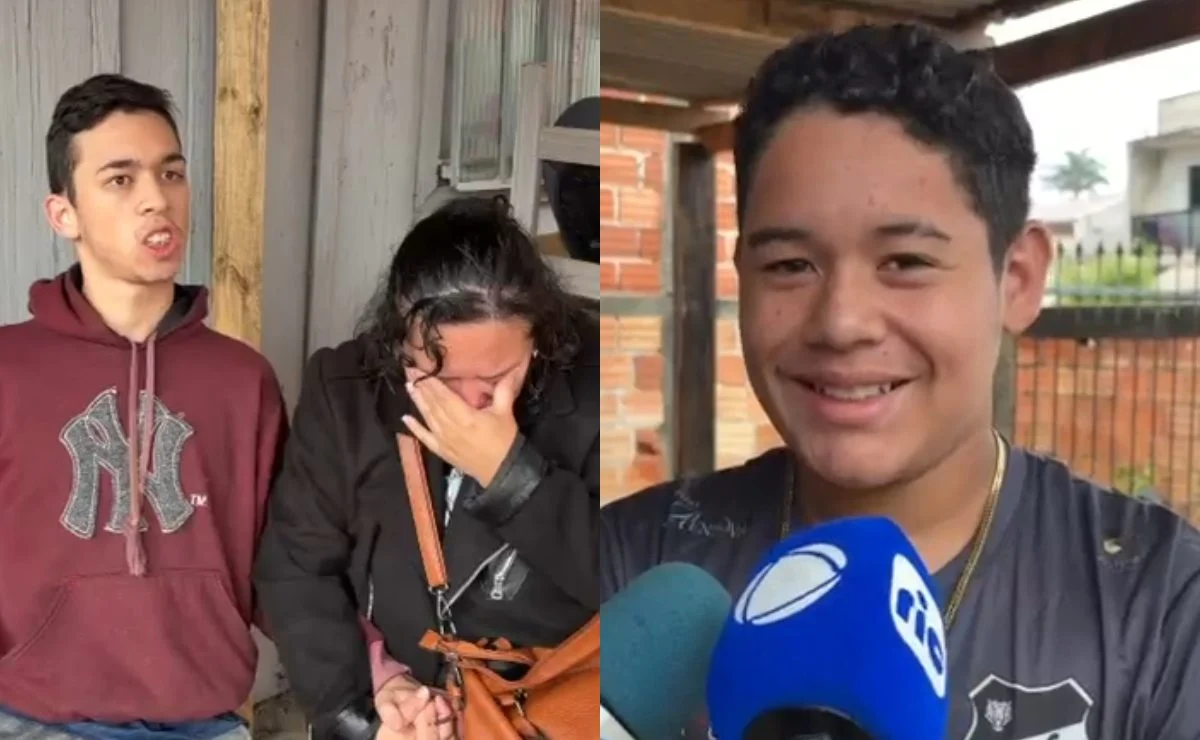 O jovem cadeirante salvo, a mãe dele e o menino herói Cauã, que tirou o rapaz do incêndio em casa no PR. - Foto: Kainan Lucas / BandB