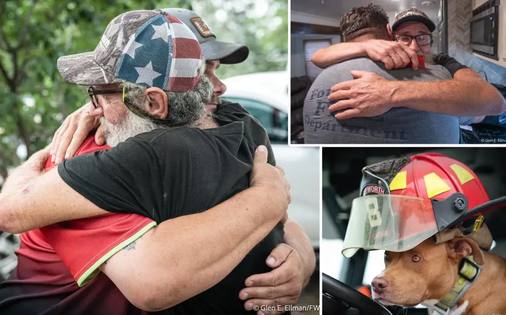 A gratidão do idoso pela ajuda que recebeu para ele e para o cachorro Jake. - Fotos: Corpo de Bombeiros de Fort Worth