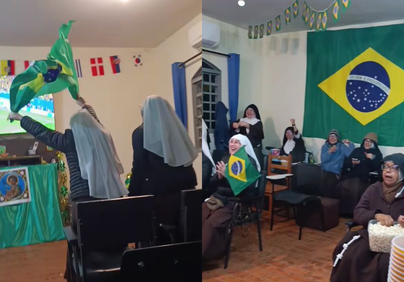 A cena das freiras do Mosteiro Santa Maria dos Anjos, em Dourados (MS), comemorando gol da Seleção do Brasil na Copa é divertida. - Foto: reprodução/ Instagram/ @@mosteiro_santa_maria_dos_anjos