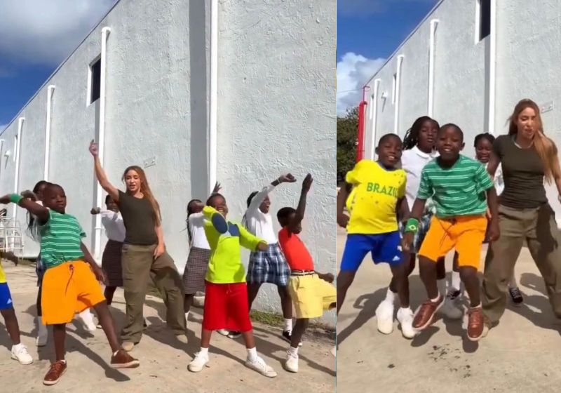 No vídeo Shakira aparece no ensaio com as crianças de Uganda que farão com ela a coreografia da final da Copa. Uma veste camiseta do Brasil. - Foto: reprodução / Instagram / @shakira