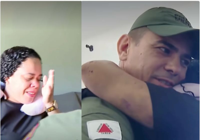 O reencontro do PM Fernando, que resgatou a Ana Cláudia, a mulher que foi jogada do penhasco em MG, foi emocionante. Levou flores e ganhou um abraço apertado. - Fotos: reprodução / RecordMinas