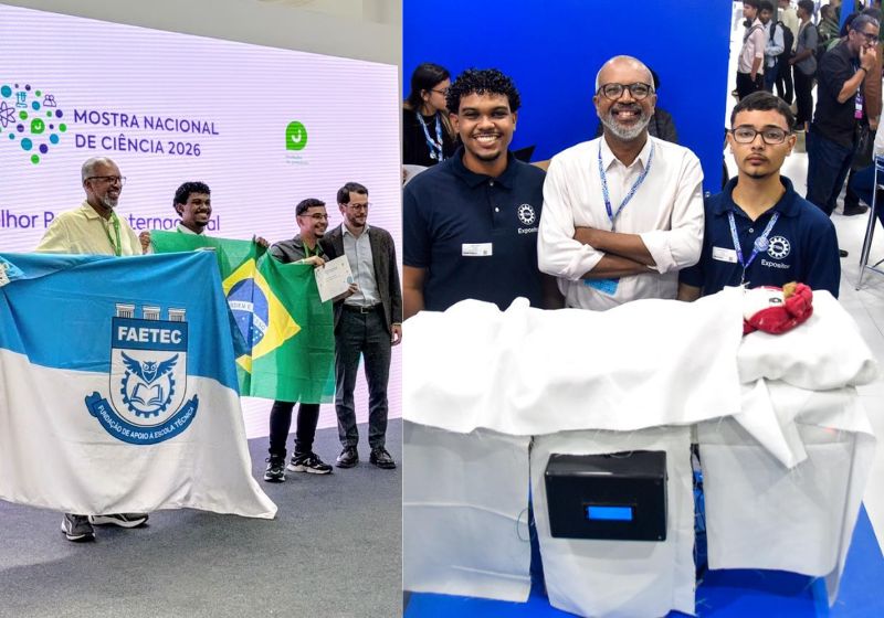 A maca hospitalar controle de voz, criada para a avó de um dos estudantes brasileiros, foi premiada na Mostra de Ciência 2026 de Portugal. - Fotos: Divulgação/ Faetec
