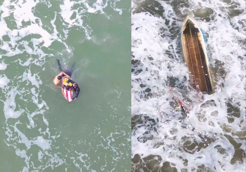 O vídeo mostra o momento em que o surfista Renzo Carrara Barioni salva dois pescadores após o barco deles virar no mar, em São Paulo. - Fotos: reprodução/ Instagram/ @rodrigo_aulicino