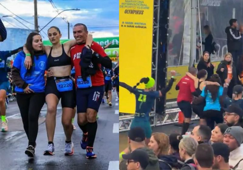 Roberto Otheniel de Souza Junior é o nome do corredor que ajuda uma atleta exausta a terminar a Meia Maratona Internacional de Porto Alegre (RS). - Fotos: arquivo pessoal/ Instagram / GMCOnline