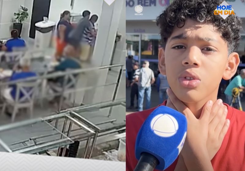 Ramires é o nome do menino de 11 anos que salva um idoso que estava engasgado com um pedaço de carne num restaurante de Goiás. - Fotos: reprodução/ HojeEmDia/RecordTV