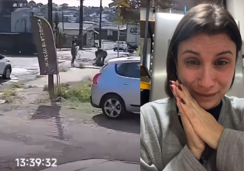A professora Karla desceu do carro e correu para salvar o idoso com dificuldade motora que atravessava a linha férra com o trem se aproximando, no Paraná. - Fotos: camera de segurança/ Instagram/. @karlagfranca