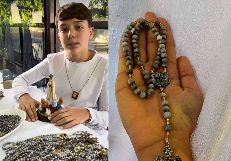 O Samuel é um menino de 12 anos de Brusque (SC), que em vez de perder tempo com telas faz terços artesanais para crianças internadas. - Fotos: reprodução/ Instagram / @samuel.__catholic