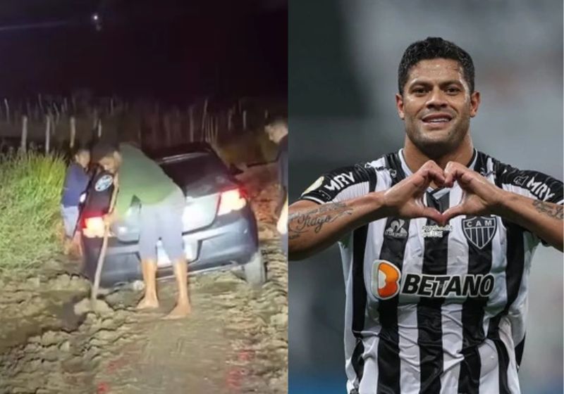 O flagrante gravado em vídeo mostra o atacante Hulk descalço, com o pé no barro ajudando a desatolar o carro de um desconhecido na estrada. - Fotos: reprodução/ Instagram/ @canaldolessa