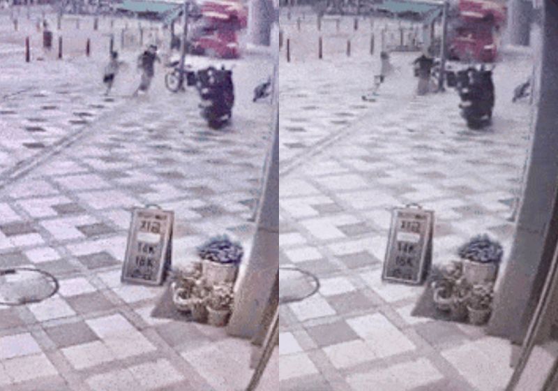 A mãe, que não teve o nome divulgado, puxou o filho na hora H e o salvou do ônibus desgovernado que invadiu a calçada na Coreia do Sul. - Fotos: Câmera de Segurança/ KoreaHerald