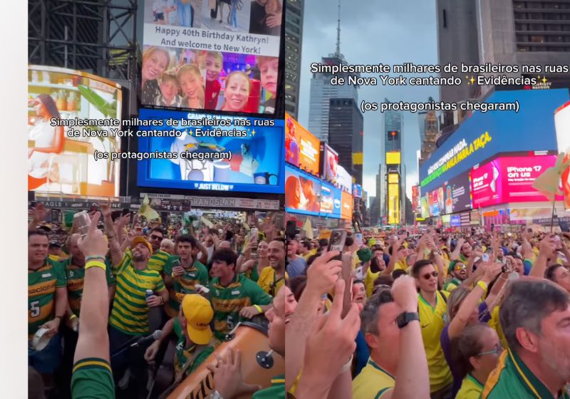 O esquenta de brasileiros para a estreia da Seleção na Copa do Mundo, na Times Square, em Nova Iorque, começou cedo e animado. - Fotos: reprodução/ Instagram/ @ma_montellato