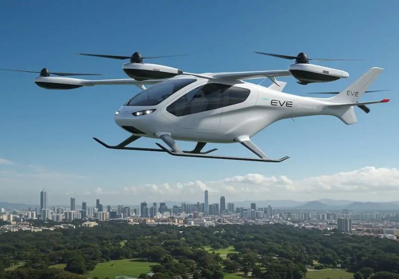 Nos testes, o carro voador brasileiro da Embraer atingiu 65 metros de altura e velocidade superior a 37 km por hora. - Foto: divulgação/ Eve/Embraer