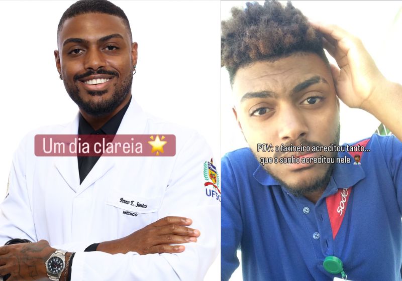 Bruno Santos, o faxineiro que se forma em Medicina aos 26 anos na UFSC, tirou as fotos de beca na semana passada e agora aguarda colocação. - Fotos: reprodução/ Instagram / @dr.brunoesantos