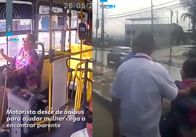 O motorista André Severino parou o ônibus e levou a mulher cega até o outro lado da rua, onde um parente a esperava no Recife: “Isso é humanidade”. - Fotos: reprodução/ NE2/TV Globo