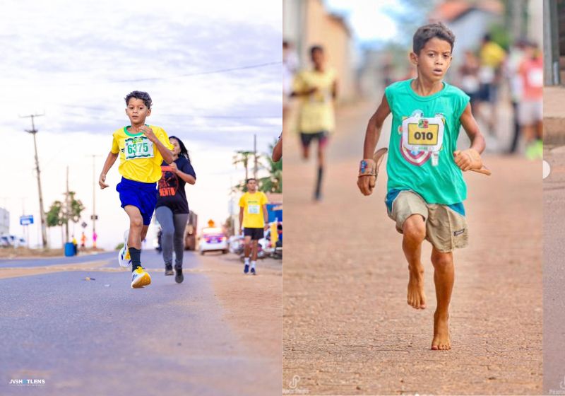 Depois de ganhar um par de tênis novo de uma jogadora de futebol, o menino Levi, que corria descalço, chega em 1º lugar no Maranhão. - Fotos: reprodução/ Instagram/ @correlevi