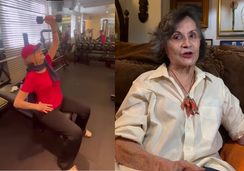 A atriz Rosamaria Murtinho, aos 93 anos, mostra que levanta peso na academia. Ela também está em cartaz com uma peça de teatro. Que vitalidade!. - Fotos: reprodução/ Instagram/ @roseiramur