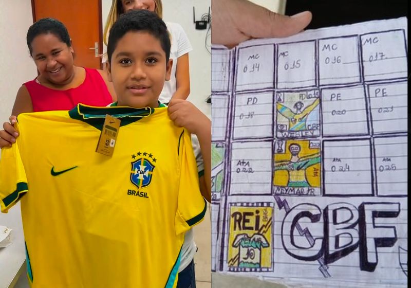 Pedro, o menino simples de 11 anos da Paraíba, que desenhou o álbum da Copa, ganhou uma camisa da Seleção e o álbum que tanto queria. - Fotos: reprodução/ Instagram/ @jaerlydrolim