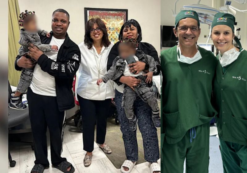 O médico brasileiro Gabriel Mufarrej foi até Abu Dhabi separar as irmãs siamesas que nasceram grudadas pela cabeça. Elas já tiveram alta e estão em casa, na Nigéria. - Fotos: divulgação