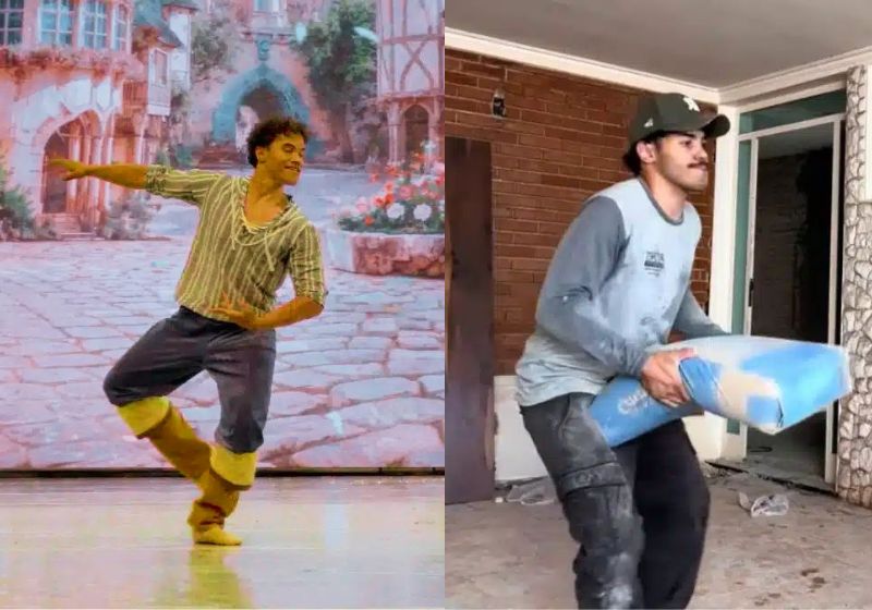 O servente de pedreiro Pedro divide a rotina entre a construção civil e a dança, como bailarino. Ele trabalha em Ribeirão Preto (SP). Fotos: reprodução/ Instagram/ @aqueledancarino