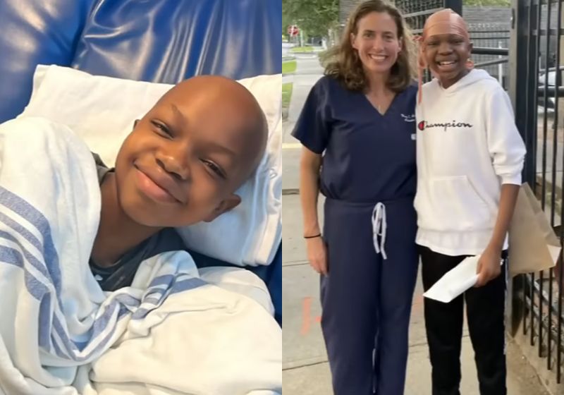 O adolescente Dylan vence o câncer após 52 semanas de quimio, com apoio da médica May Austin que prometeu ir na formatura dele. - Fotos: reprodução/ CBSNews