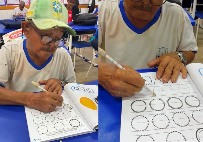Seu Virgílio, o idoso do EJA de Tocantins, aparece desenhando e aprendendo a escrever a palavra "ovo". O vídeo comovente tem 900 mil visualizações. - Foto: reprodução/ Instagram/ @teodomiro.rodriguesdarocha.7
