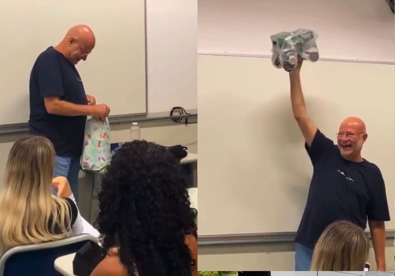 Os alunos de Direito deram de surpresa ao professor Irineu um caminhão verde de brinquedo igual ao que foi tomado dele quando era pequeno, em São Paulo. - Fotos: reprodução/ Instagram/ @ka_fernando