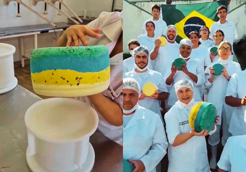 O queijo verde e amarelo, em homenagem à Seleção Brasileira, tem ingredientes naturais e foi criado por estudantes de Juiz de Fora (MG). - Fotos: reprodução/ Instagram/ @candidotostesoficial