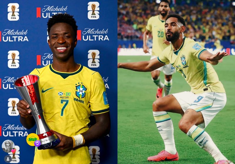 Com a vitória por 3 a 0 sobre a Escócia (Vinir Jr e Matheus Cunha), o Brasil se classifica na Copa do Mundo em primeiro lugar no Grupo C e segue firme em busca do hexa. - Fotos: reprodução/ Instagram/ @vinijr @cunha