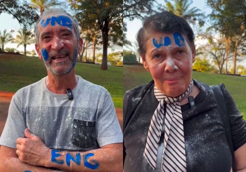 O calouros 60+ comemoram a aprovação no vestibular da UnB com abraços, lágrimas, rostos pintados e banho de farinha. Veja a farra deles. - Fotos: reprodução/ Instagram/ UnB