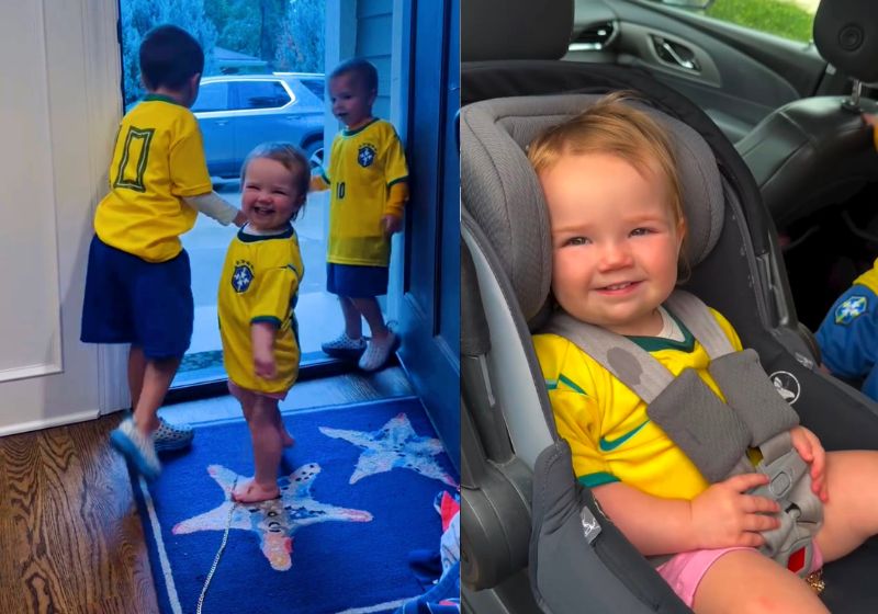 A babá brasileira Thalita vestiu bebês dos EUA para irem à escola com a camisa da Seleção Brasileira e o vídeo fofo viralizou nas redes. - Fotos: reprodução/ Instagram/ @thalitunas