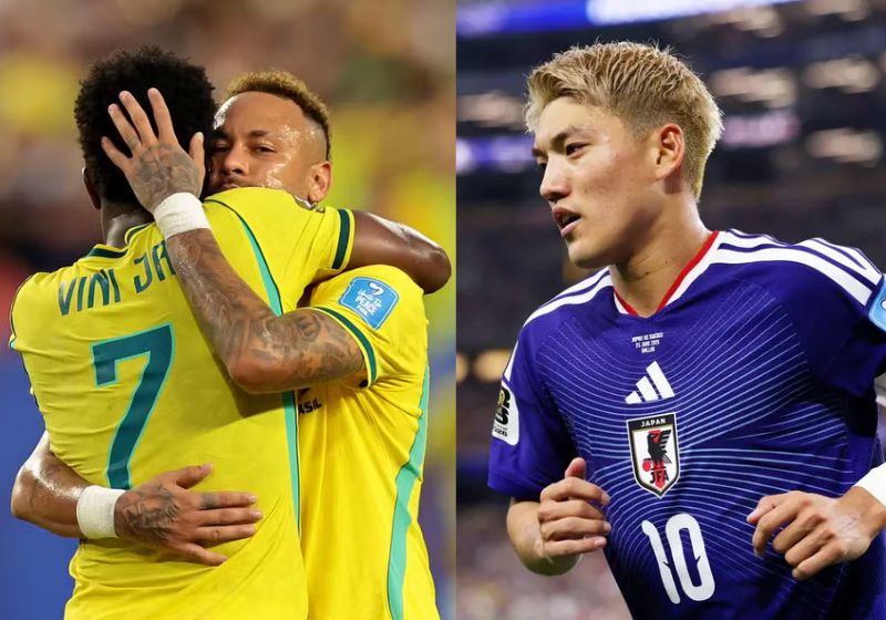O Brasil enfrenta o Japão no mata-mata da Copa com estrelas dos dois lados: Vini Jr e Neymar do nosso lado e Ritsu (foto) e kubo do lado deles. - Fotos: Sam Navarro/Reuters/ Molly Darlington/Getty Images/AFP