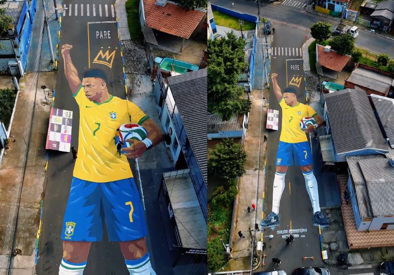A imagem gigante de Vini Jr tem 800 metros quadrados e foi feita pela comunidade no asfalto de uma rua de Novo Hamburgo RS. - Fotos: reprodução/ Instagram/ @zero51studio