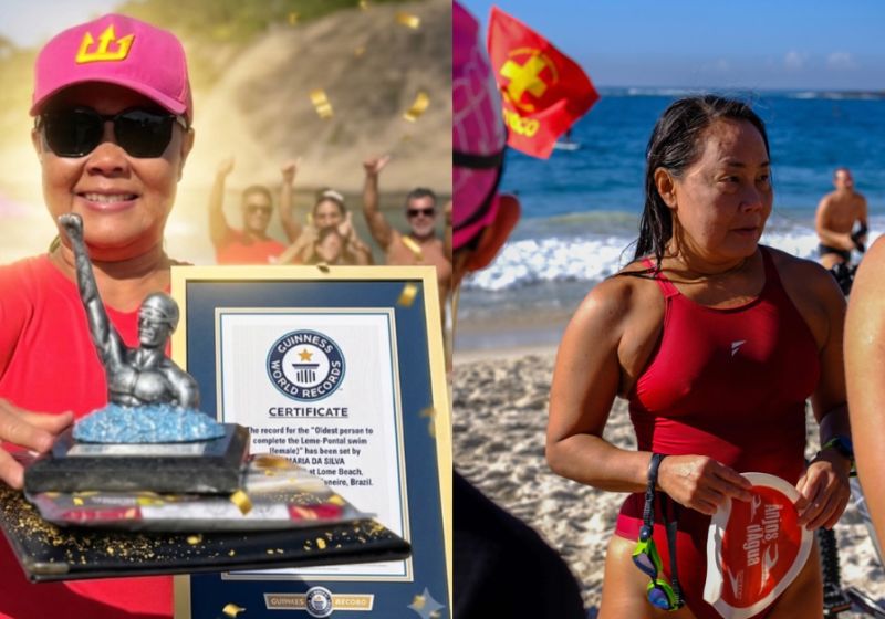 A nadadora Clarice Shiguemi Hashizume entrou para o Guinness World Records ao completar a Travessia do Leme ao Pontal, no Rio de Janeiro. Aos 56 anos, ela tornou-se a mulher mais velha a concluir o desafio. - Fotos: reprodução/ @lspa